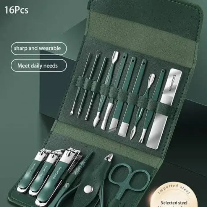Portable 16-Piece Nail Clipper & Pedicure Tool Set - ভ্রমণ ও দৈনন্দিন ব্যবহারের জন্য বিলাসবহুল পার্সোনাল কেয়ার কিট